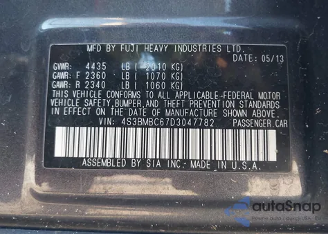 2013 Subaru Legacy 2.5I Premium from USA, damaged, VIN 4S3BMBC67D3047782